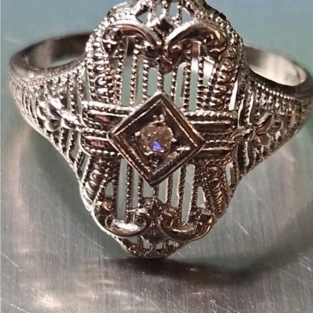 Art Deco 1920’s 14k White Gold Diamond Navette Filigree Ring size 5.75